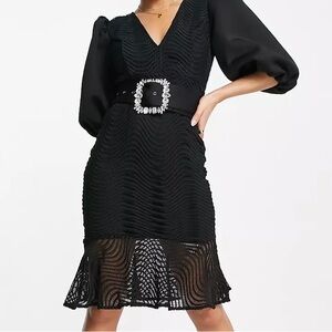 ASOS DESIGN puff sleeve wiggle lace midi dress with pocket in black